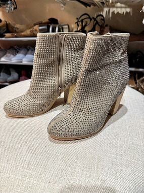 Rhinestone Embellished Heeled Boots in light taupe
